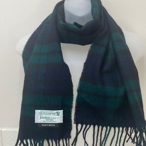 Johnston of Elgin lambs wool scarf blue green black tartan plaid fringe Scotland